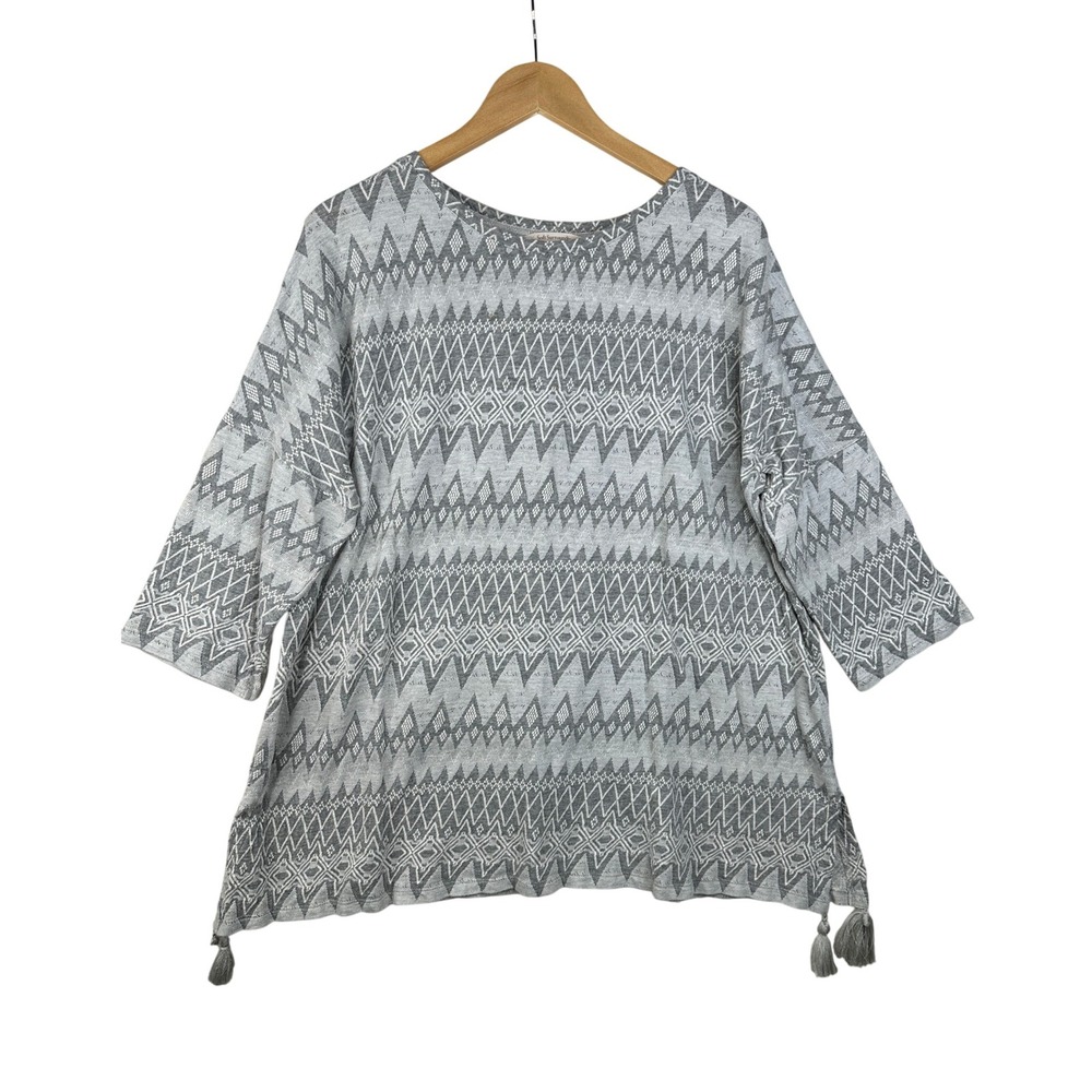 Soft Surroundings Geometric Print Long Sleeve Pullover size XL Petite Gray/White